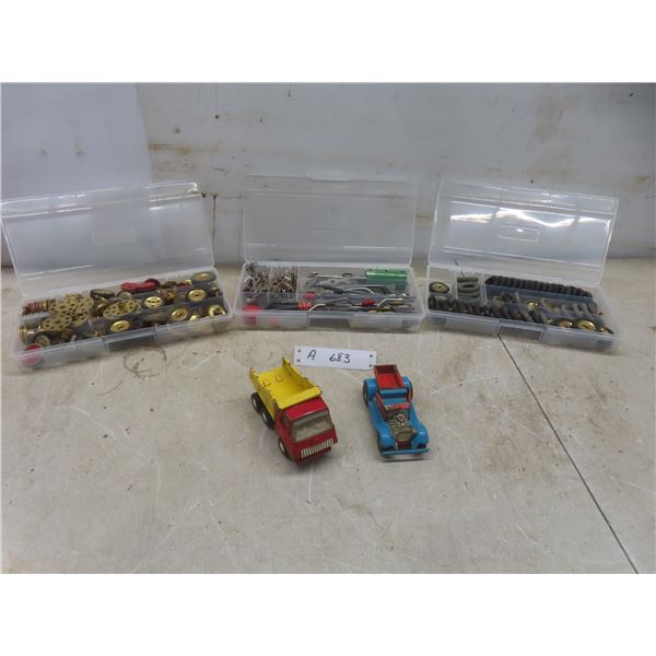 Meccano, Vintage Brass Wheels, Tires And 2 Tonka Trucks