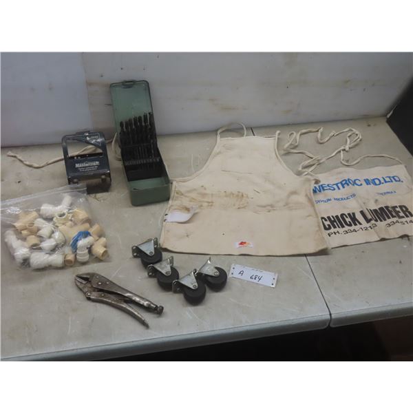 2 Carpenter Aprons, Drill Bits, Vise Grips, 4 Casters And Plumbing Fittings
