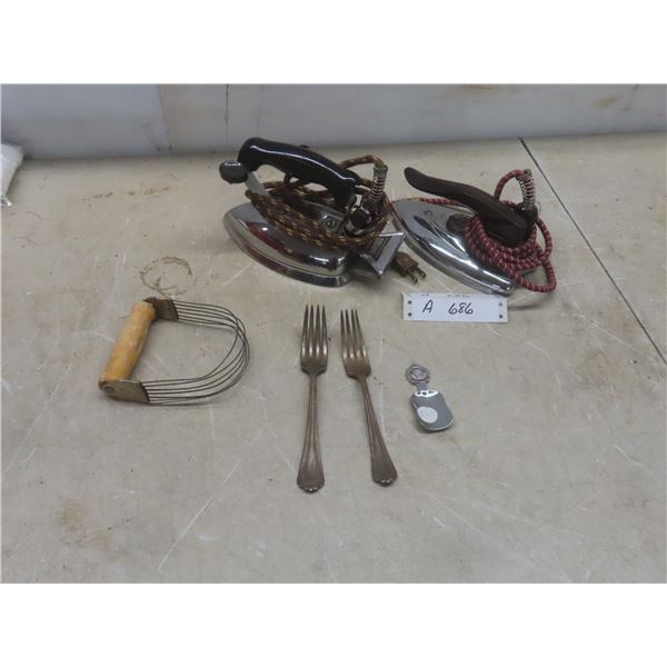 2 Vintage Electric Irons, Pastry Blender, Queen Elizabeth Silver Jubilee Spoon And More