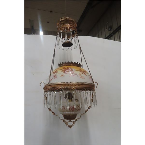 Victorian Hanging Oil Lamp Hand Painted Prism Shade