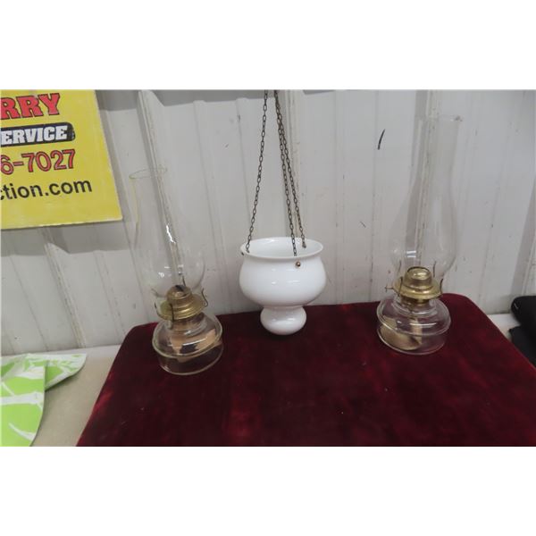 2 Coal Oil Lamps and Hanging Planter