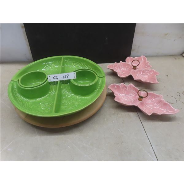 Lazy Susan And 2 California Pottery Divided Candy Dishes