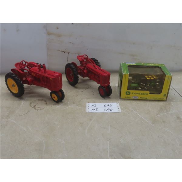 Ertl Farmall Metal Tractor, Massey Harris Tractor And John Deere 1942 Ford Pickup In Box