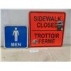 Image 1 : 2 Metal Signs: Sidewalk Closed 18" x 18" And Men 12" x 12"