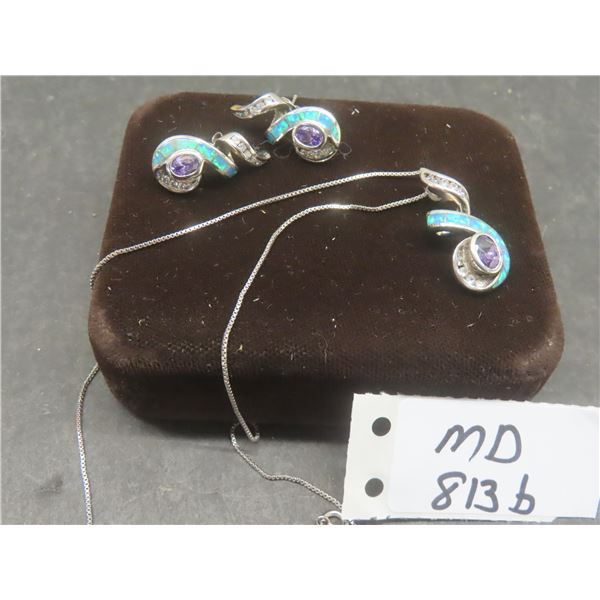 925 Silver And Blue Opal Necklace With Matching Stud Earrings