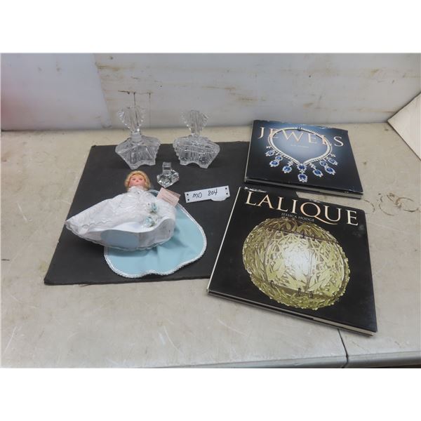 3 Crystal Perfume Bottles, Madam Alexander Doll 8 1/2" Tall And 2 Coffee Table Books