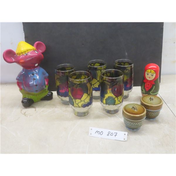 5 Libby Stained Glass Fruit Tumblers, Topolino Coin Bank, 2 Ceramic Egg Dishes And Russian Doll