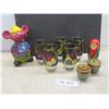 Image 1 : 5 Libby Stained Glass Fruit Tumblers, Topolino Coin Bank, 2 Ceramic Egg Dishes And Russian Doll