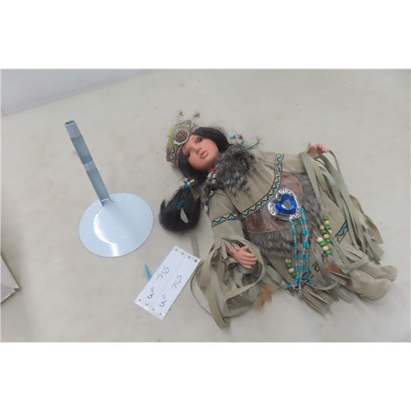 Porcelain Native Doll In Green Outfit With Lace And Feathers