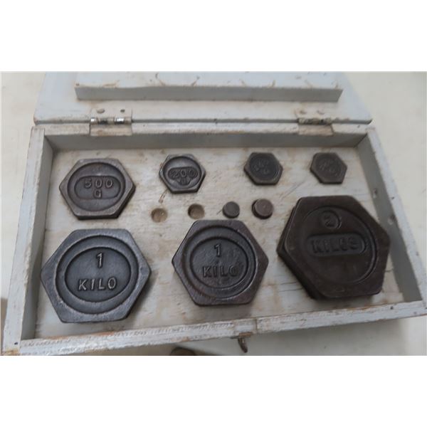 Set Of Scale Weights In Fitted Wood Case