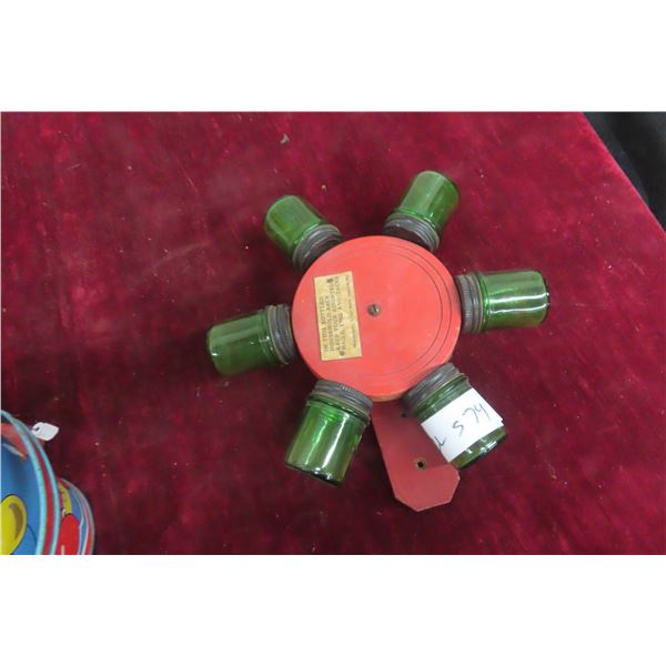 Vintage Baker Wall Mount Spin Organizer w/ Green Depression Jars