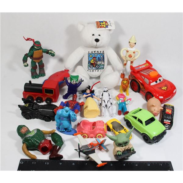 BOX OF TOYS, INCLUDES DISNEY, HOT WHEELS AND MORE