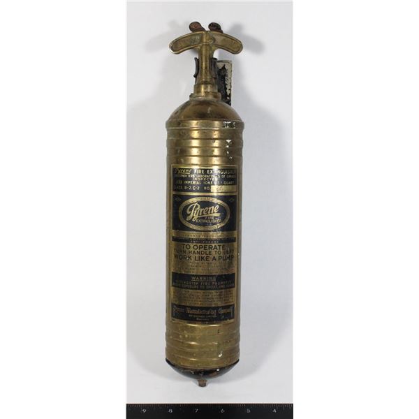 VINTAGE BRASS PYRENE FIRE EXTINGUISHER WITH WALL