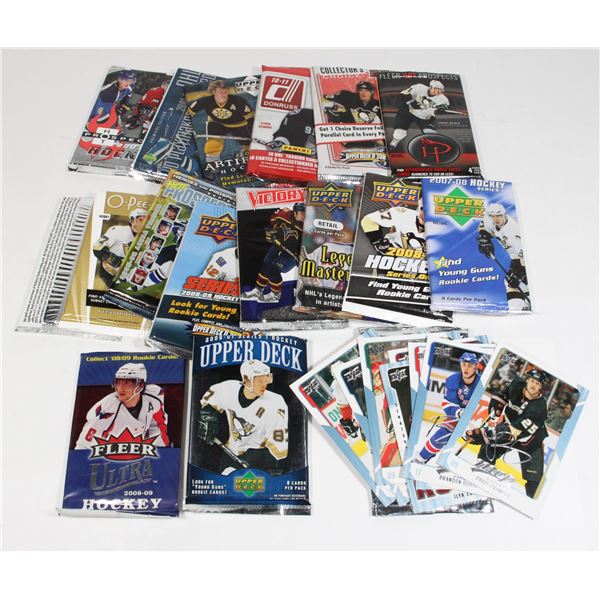 BOX OF ASSORTED OPENED PACKS OF HOCKEY CARDS *ALL OPEN*