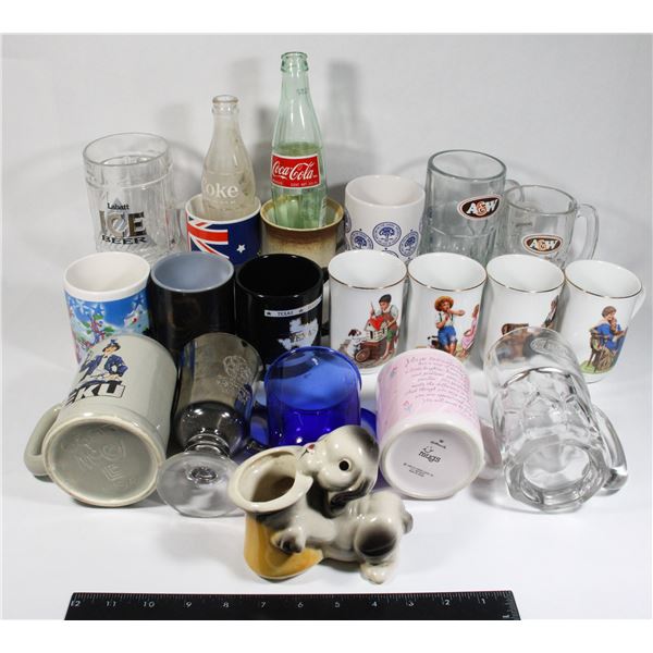 MIXED GLASSWARE LOT INCLUDING VINTAGE A & W MUGS,