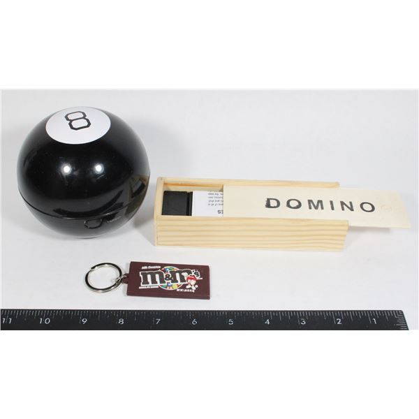 MAGIC 8 BALL,  DOMINOS, M&M KEYCHAIN