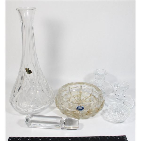 CRYSTAL GLASS DECANTER, PINWHEEL CRYSTAL CANDLES