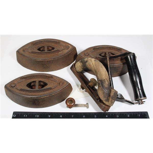 VINTAGE/ANTIQUE SAD IRONS AND HANDLES