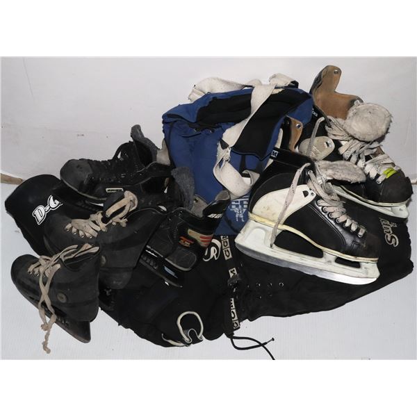 BOX OF USED HOCKEY EQUIPMENT