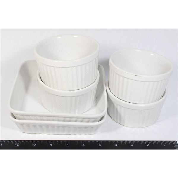 2 SMALL OVEN-PROOF BAKING DISHES AND 4 RAMEKINS