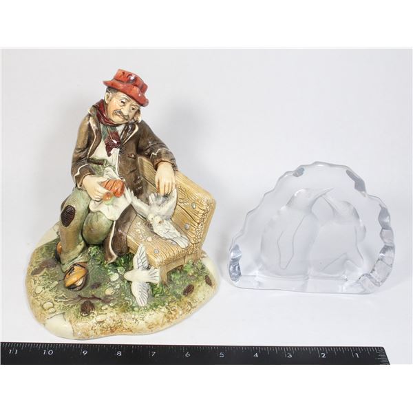 OLD MAN BIRD FEEDING & GLASS PENGUIN ART