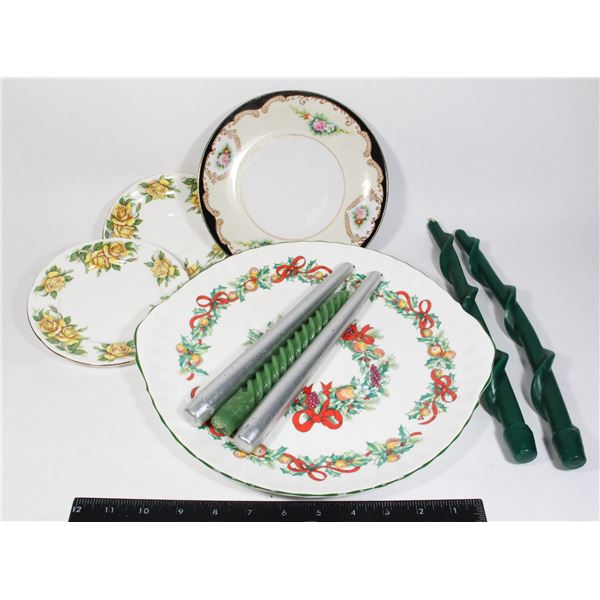 VINTAGE PLATTER, PLATES & CANDLES