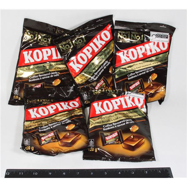 FIVE BAGS OF KOPIKO COFFEE FLAVORED CANDY 120G EA