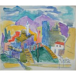 J. EISENSCHER Watercolor Israeli Cubism
