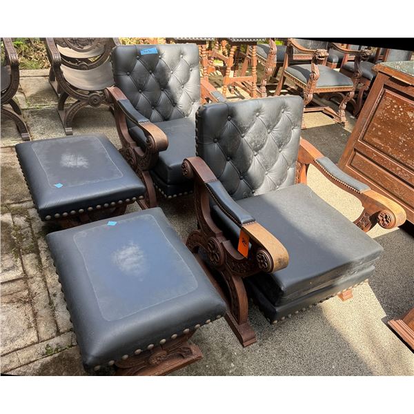 Qty 2 Carved Wood-Framed Tufted Chairs w/ Stud Accents 29" x 27" x 33"H & Matching Ottomans 22" x 19
