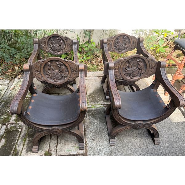 Qty 4 Carved Wood-Framed Chairs 22" x 35"H
