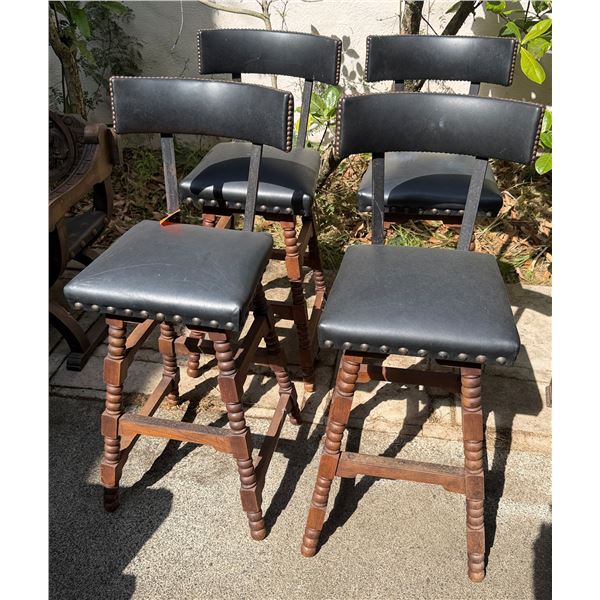 Qty 4 Carved Wooden Upholstered Bar Chairs w/ Stud Accents 15" x 14" x 42"H