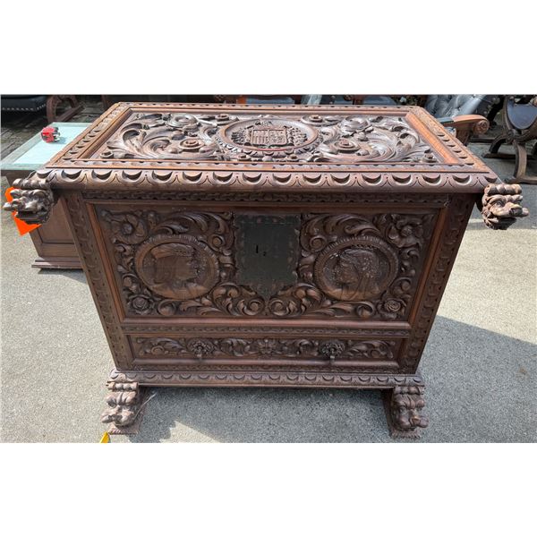 Carved Wooden Chest w/ Dragon Motif Hinged Lid 44" x 24" x 37"H