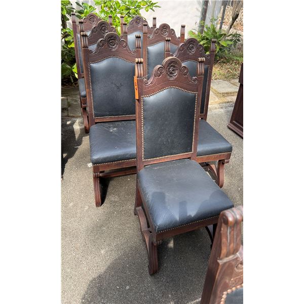 Qty 4 Carved Wooden Upholstered Chairs w/ Stud Accents 20" x 17" x 47"H