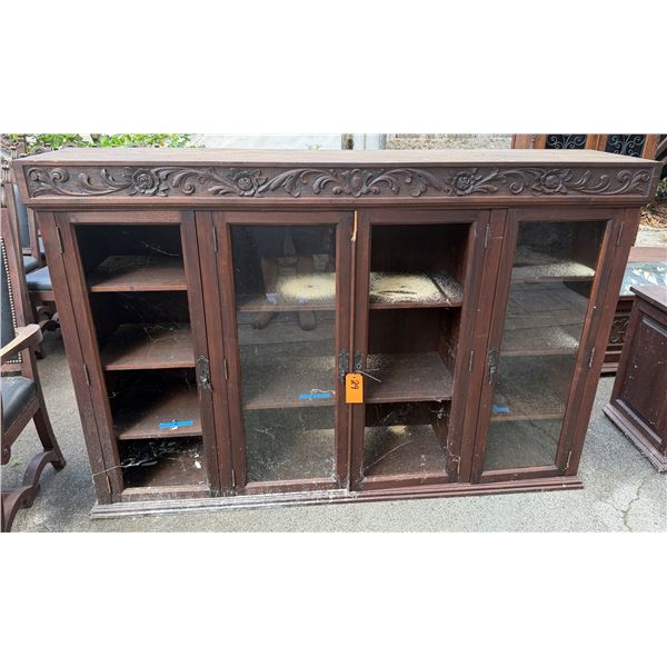 Carved Wooden Hutch Cabinet w/ Glass Doors & Inside Shelving  76" x 17" x 50"H