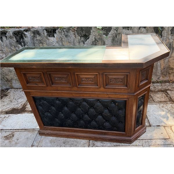 Wooden L-Shaped Bar w/ Black Tufted Panel, Clear Top & Rear Shelving 60" x 36" x 44"H