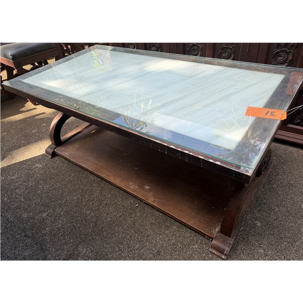 Carved Wooden Table w/ Undershelf & Clear Top 51" x 27" x 21"H (top cracked)