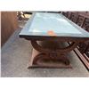 Image 2 : Carved Wooden Table w/ Undershelf & Clear Top 51" x 27" x 21"H (top cracked)