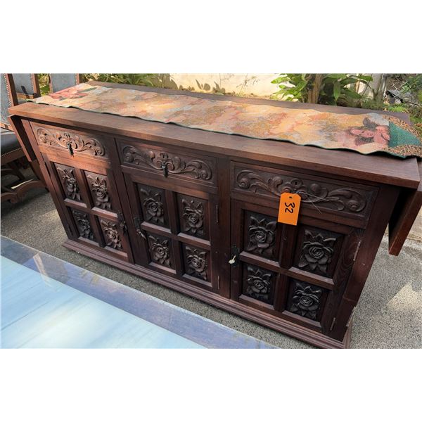 Carved Wooden Sideboard Cabinet w/ 3 Doors, 3 Drawers & Folding Leaf Top 62" x 20" x 33"H