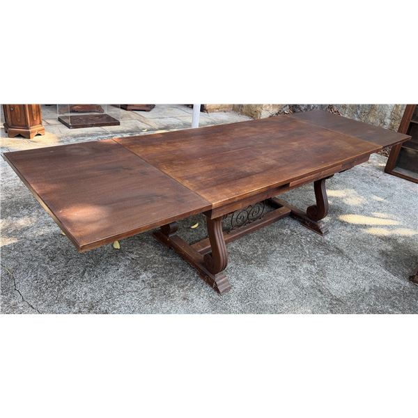 Carved Wooden Table w/ Drop Leaf Ends & Metal Filigree 119" x 40" x 31"H
