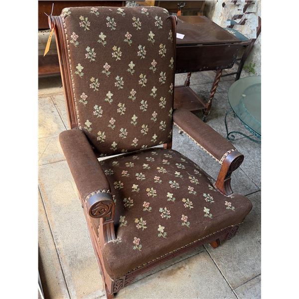 Carved Wooden Chair w/ Upholstered Back, Seat & Arms 28" x 18" x 38"H