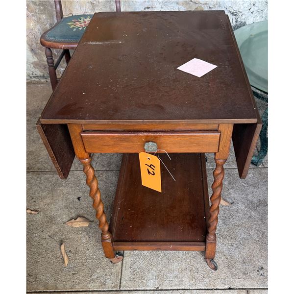 Carved Wooden Side Table on Wheels w/ Drawer & Folding Leaf Sides 26" x 19"