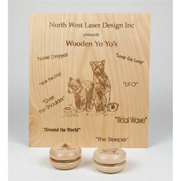 Lot of 2 – North West Laser Design Inc Wooden Yo-Yos Featuring Jasper, Canada Designs