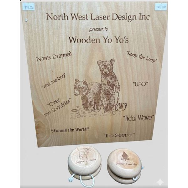 Lot of 2 – North West Laser Design Inc Wooden Yo-Yos Featuring Jasper, Canada Designs