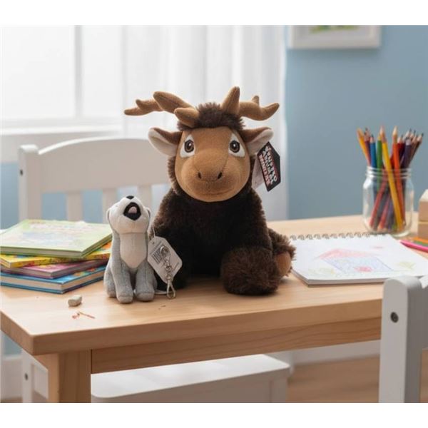 Two Plush Toys Featuring Brown Deer and Gray Wolf Keychain