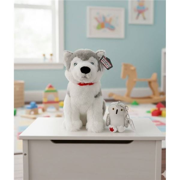 Stuffed Animal House Plush Husky Toy and Snowy Owl Keychain Set