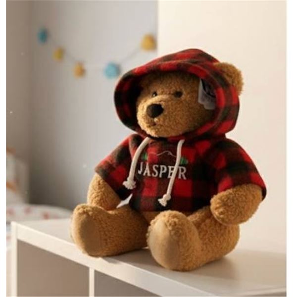 Plush Bear Toy With Red And Black Plaid Hoodie
