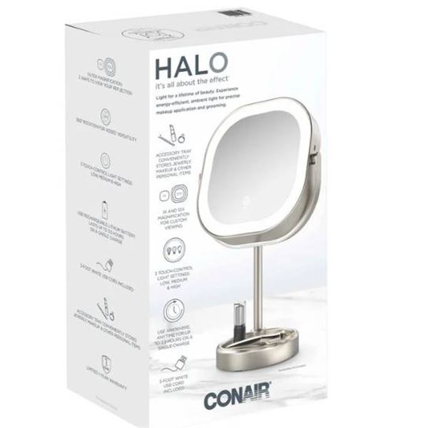 Conair Halo Lighted Mirror with Rechargeable Cordless Design and USB Port