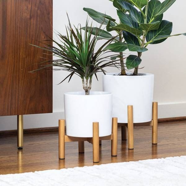 Ceramic Planters with Bamboo Stands – 2 Pieces