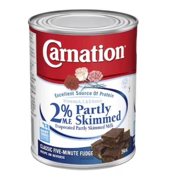 Lot of 7 Carnation 2% 354mL Evaporated Partly Skimmed Milk Cans