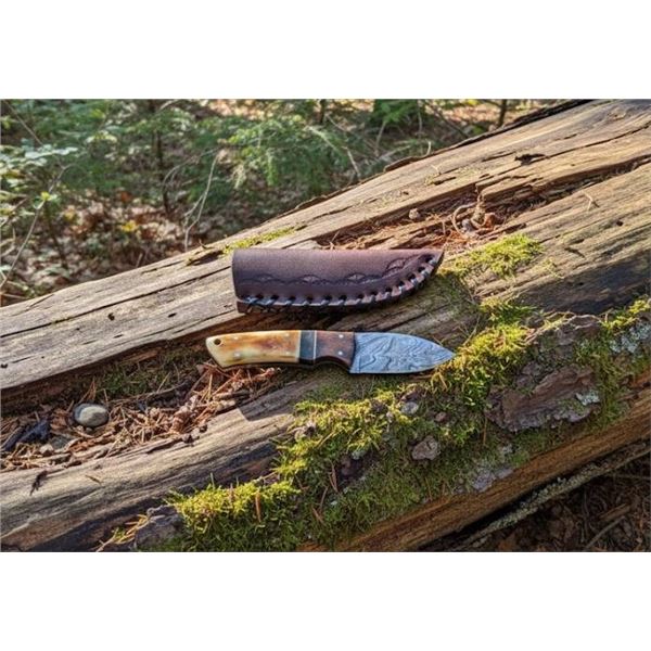 Custom Handcrafted Damascus Steel Knife with Bone Handle and Leather Sheath